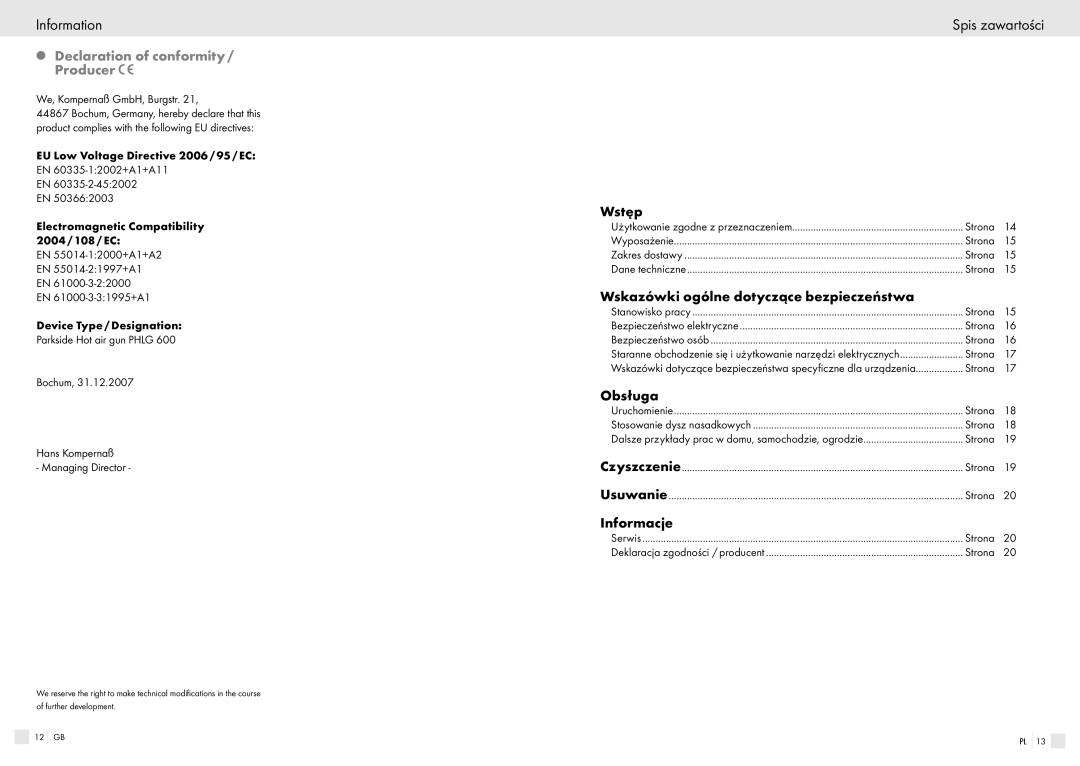 Bench PHLG600 manual Information, Declaration of conformity / Producer 