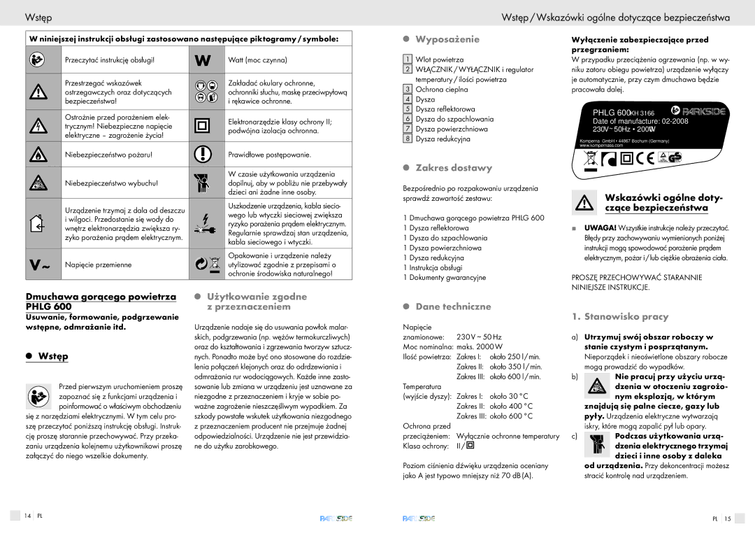 Bench PHLG600 manual Wstęp Wstęp / Wskazówki ogólne dotyczące bezpieczeństwa 