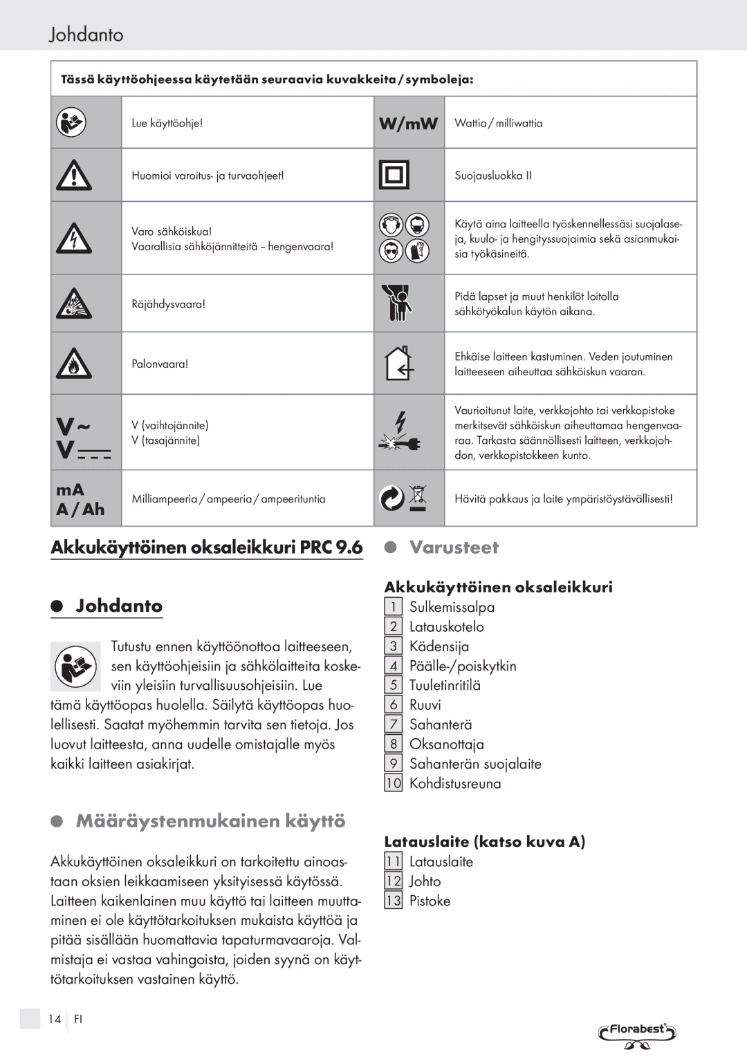 Bench PRC 9.6 manual Johdanto, Akkukäyttöinen oksaleikkuri PRC, Varusteet, Määräystenmukainen käyttö 