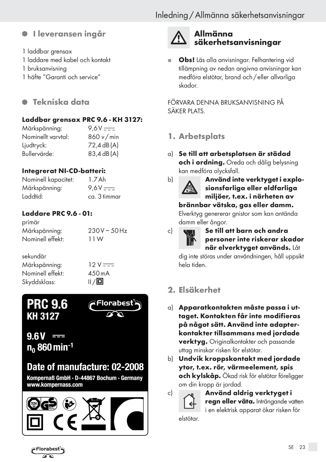 Bench PRC 9.6 manual Inledning / Allmänna säkerhetsanvisningar, Leveransen ingår, Tekniska data, Arbetsplats, Elsäkerhet 