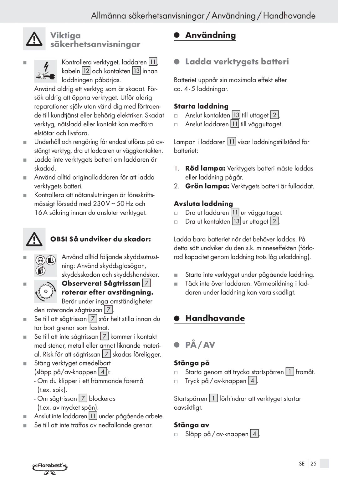 Bench PRC 9.6 manual Allmänna säkerhetsanvisningar / Användning / Handhavande, Viktiga säkerhetsanvisningar 