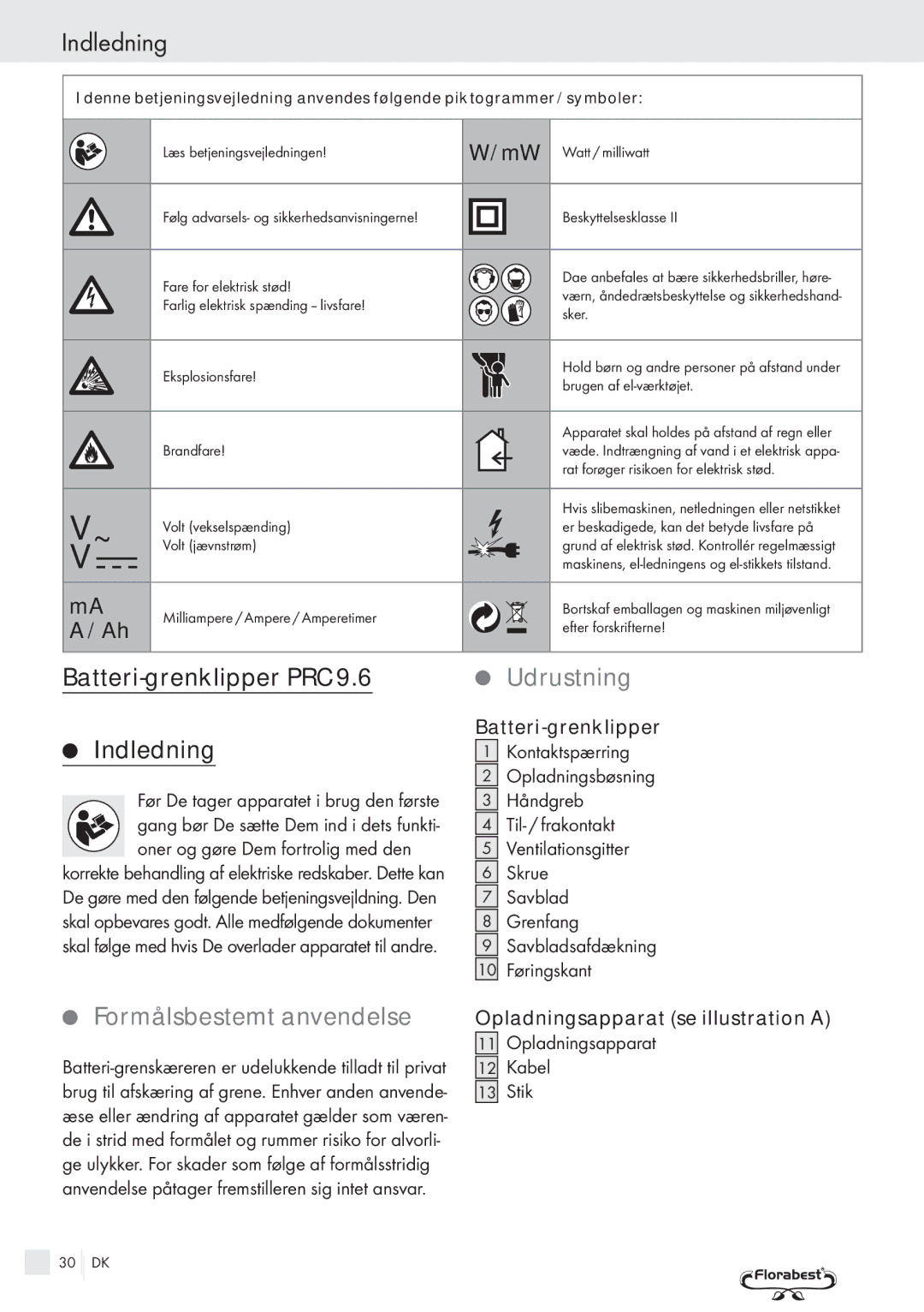 Bench PRC 9.6 manual Indledning, Batteri-grenklipper PRC, Udrustning, Formålsbestemt anvendelse 