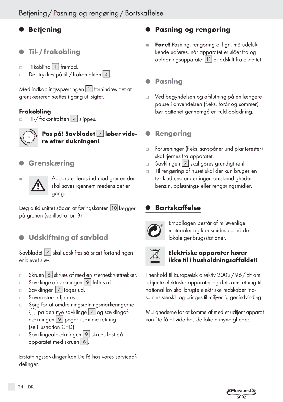 Bench PRC 9.6 manual Betjening / Pasning og rengøring / Bortskaffelse 