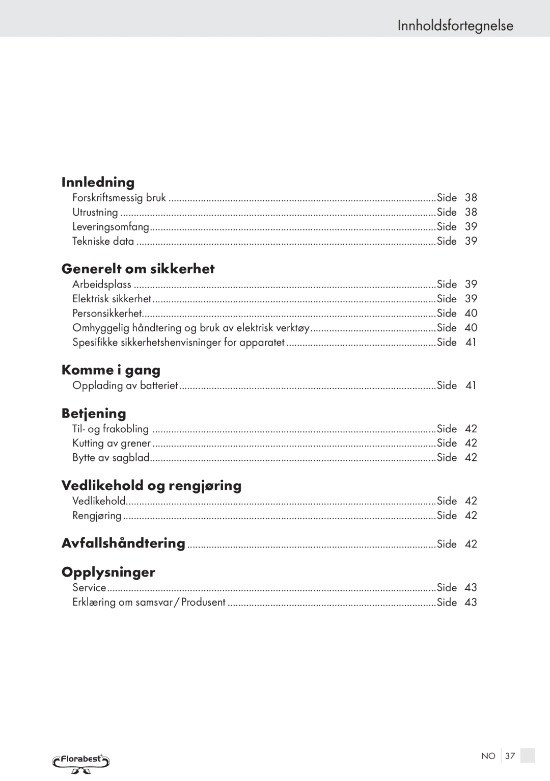 Bench PRC 9.6 manual Innholdsfortegnelse 