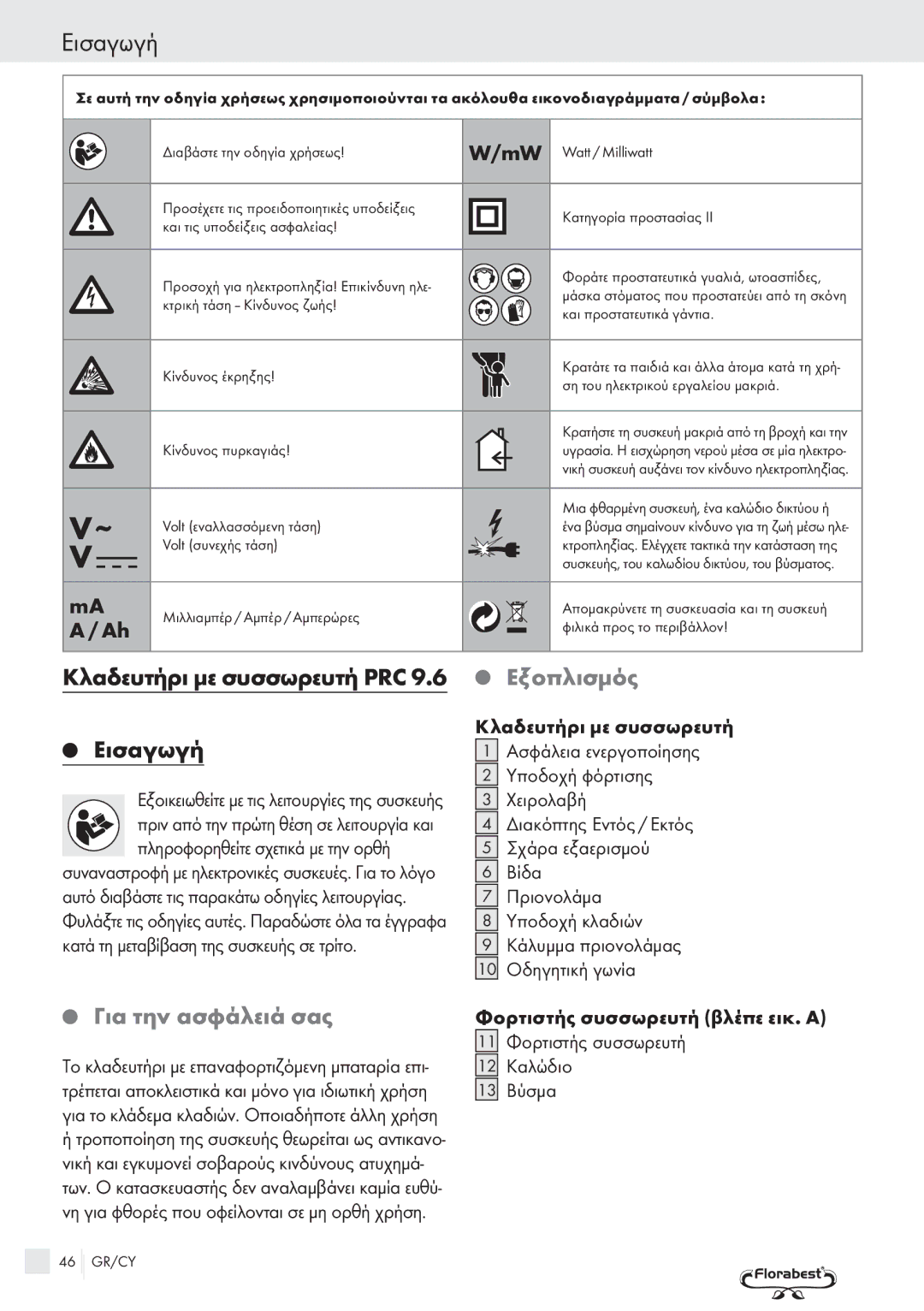 Bench PRC 9.6 manual Eισαγωγή, Κλαδευτήρι με συσσωρευτή PRC, Εξοπλισμός, Για την ασφάλειά σας 