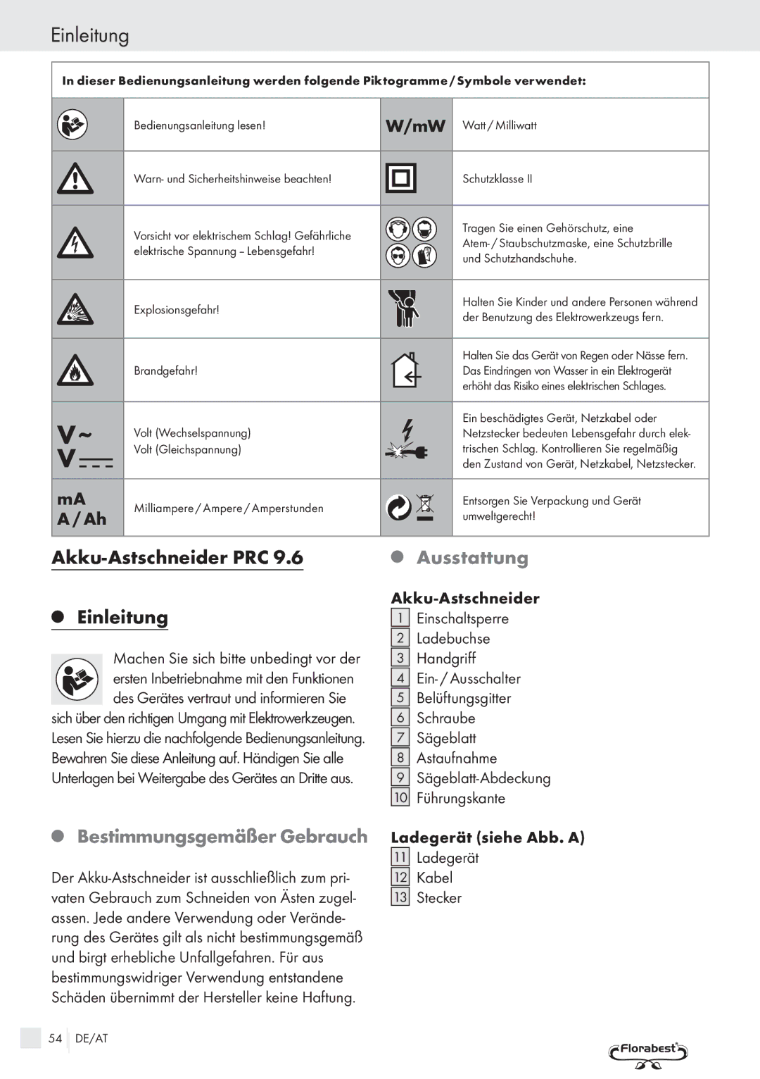 Bench PRC 9.6 manual Einleitung, Akku-Astschneider PRC, Ausstattung, Bestimmungsgemäßer Gebrauch 