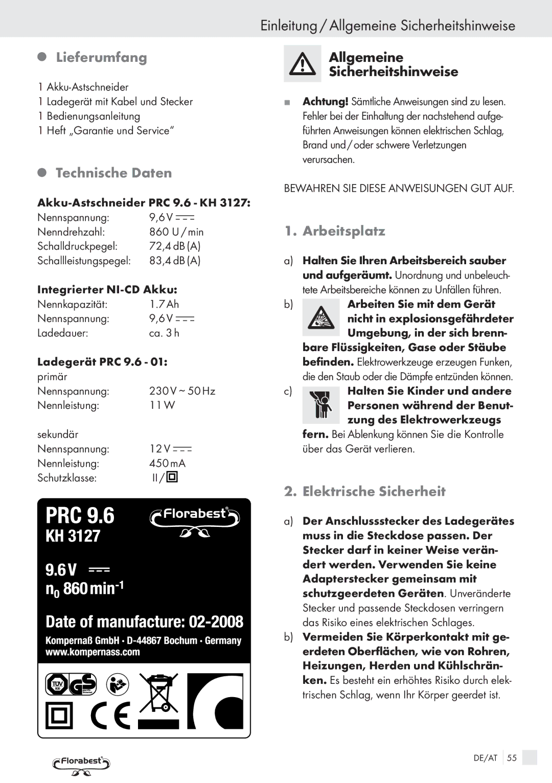 Bench PRC 9.6 manual Lieferumfang, Technische Daten, Einleitung / Allgemeine Sicherheitshinweise, Arbeitsplatz 