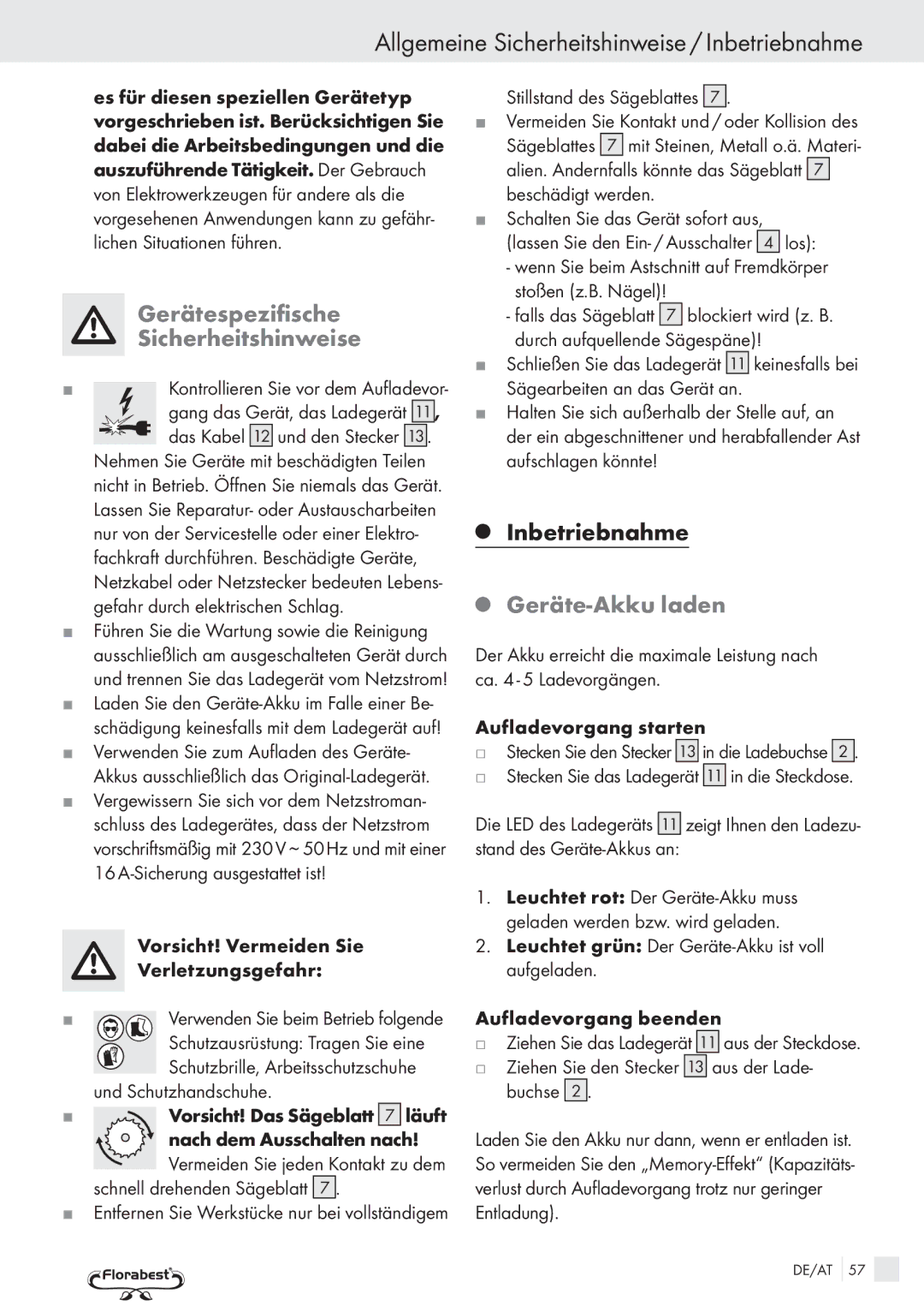 Bench PRC 9.6 Allgemeine Sicherheitshinweise / Inbetriebnahme, Gerätespezifische Sicherheitshinweise, Geräte-Akku laden 