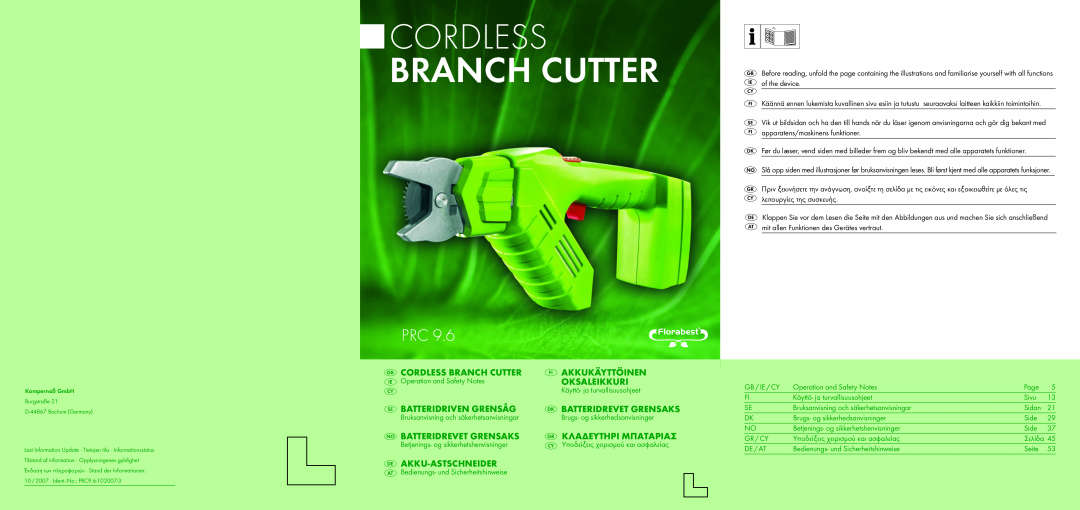 Bench PRC 9.6 manual Cordless Branch Cutter, Akkukäyttöinen, Oksaleikkuri, Batteridriven Grensåg, Batteridrevet Grensaks 