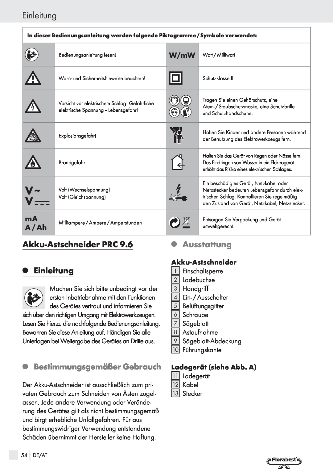 Bench PRC 9.6 manual Akku-AstschneiderPRC, Q Ausstattung, Q Einleitung, Q Bestimmungsgemäßer Gebrauch, W/mW, A / Ah 