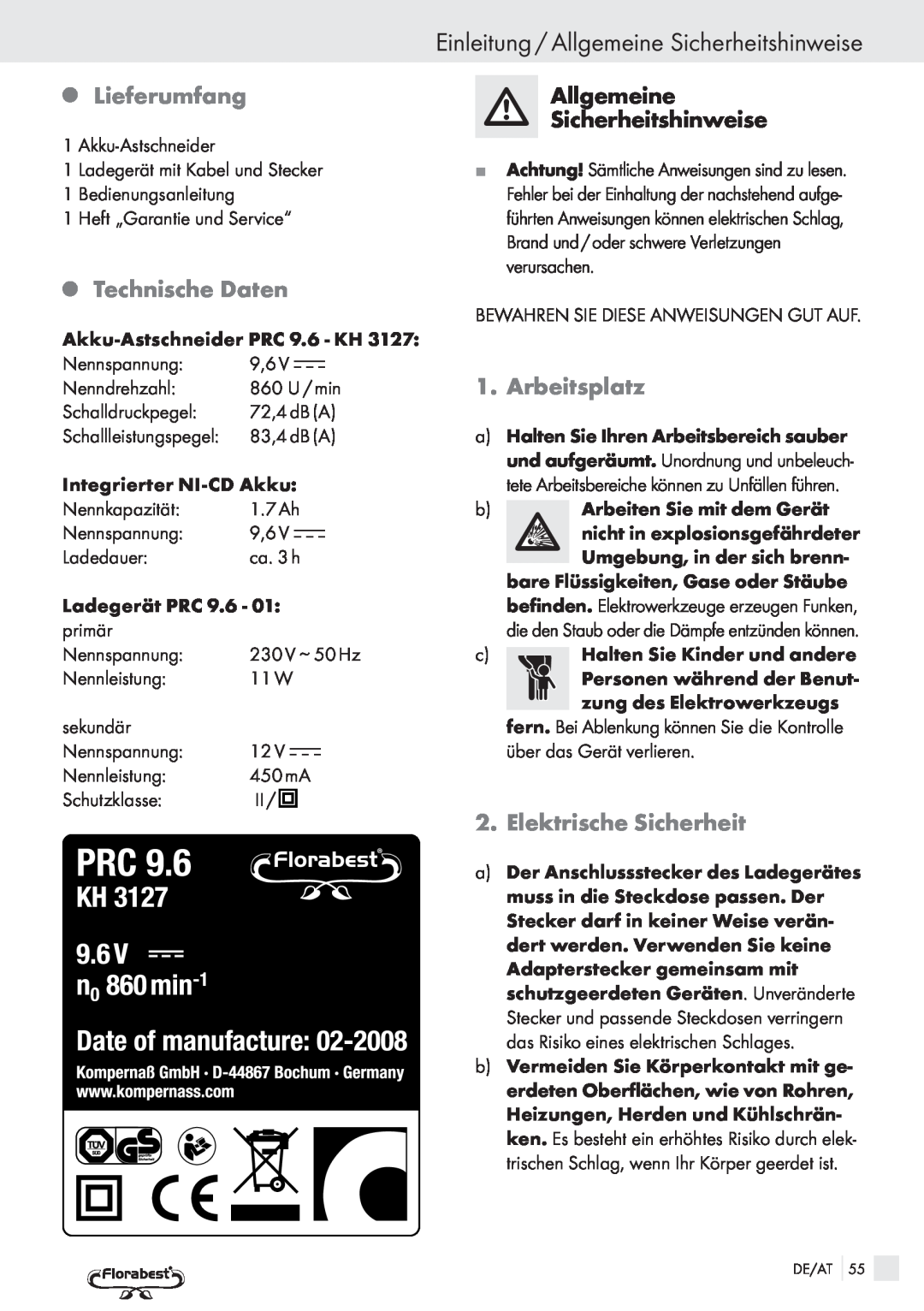 Bench PRC 9.6 manual QLieferumfang, QTechnische Daten, Einleitung / Allgemeine Sicherheitshinweise, Arbeitsplatz 
