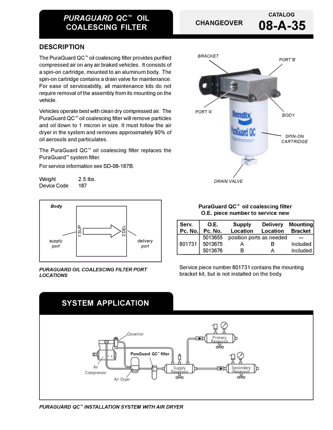 BENDIX 08-A-35 manual System Application, Coalescing Filter, Description, Location Bracket 