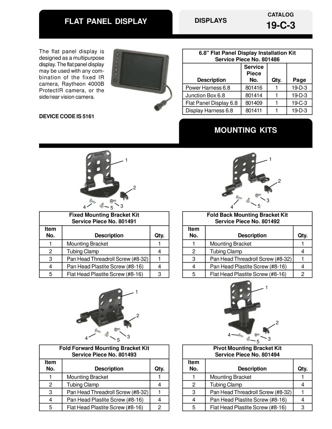 BENDIX 19-A-1 manual 19-C-3, Flat Panel Display, Mounting Kits 