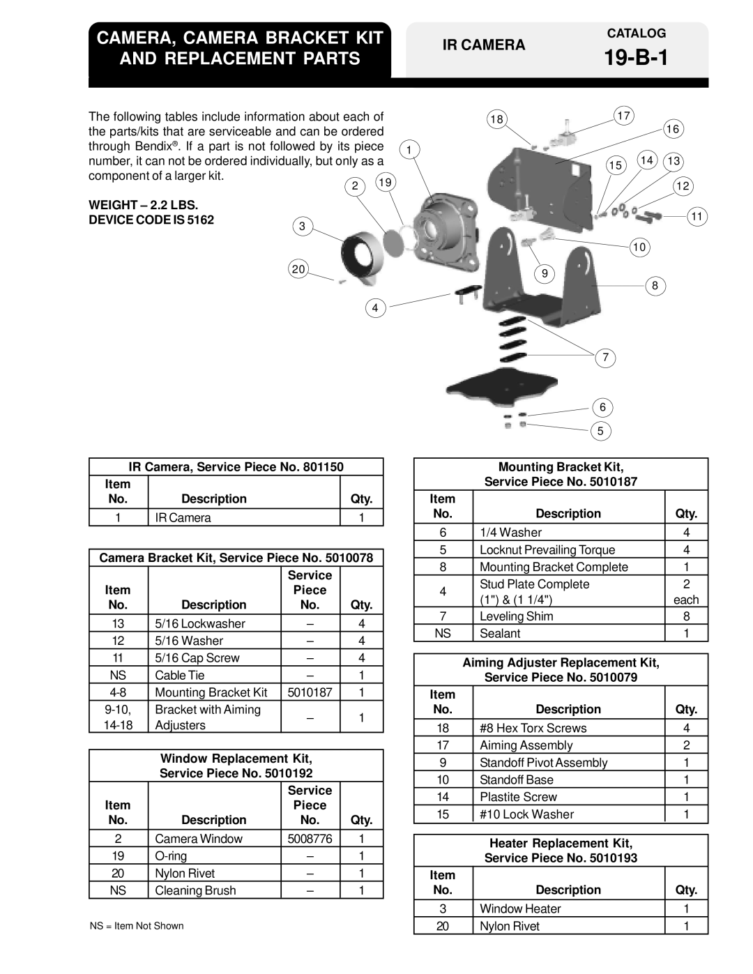 BENDIX 19-A-1 manual 19-B-1, CAMERA, Camera Bracket KIT Replacement Parts 