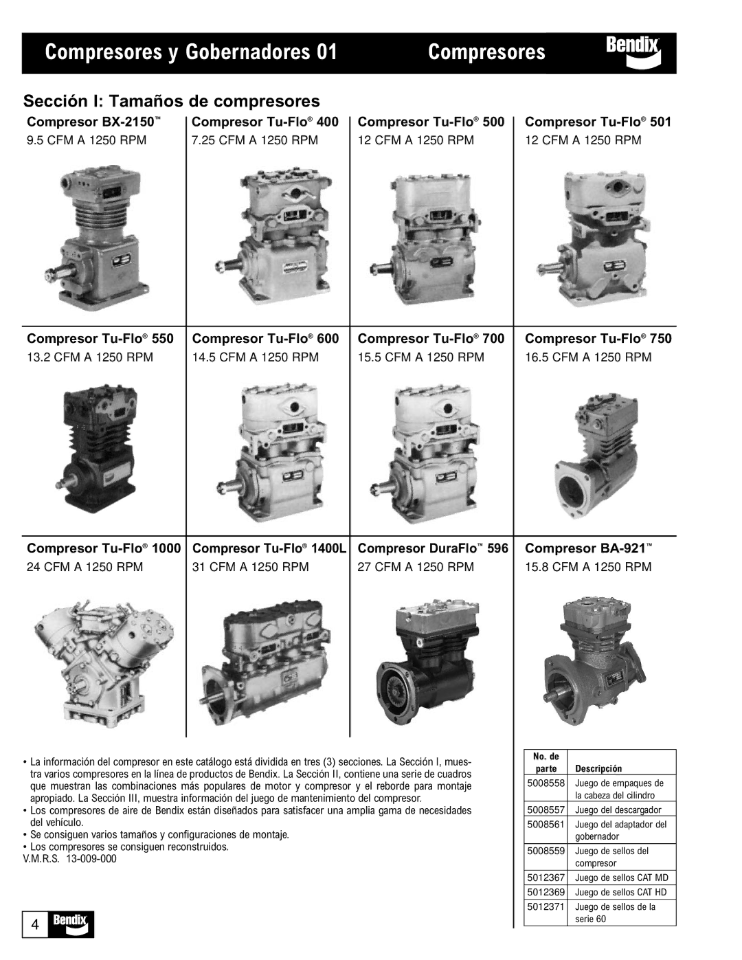 BENDIX BW1115 manual Compresores y Gobernadores, CFM a 1250 RPM, No. de, Descripción 