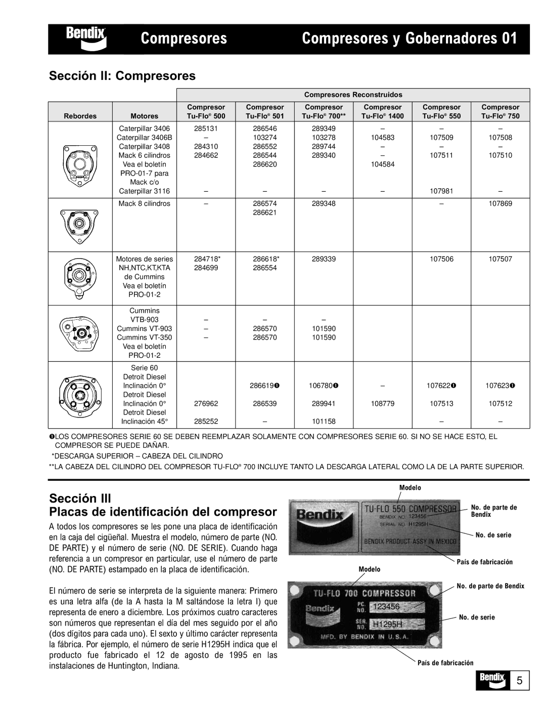 BENDIX BW1115 manual Sección II Compresores, Sección Placas de identificación del compresor 