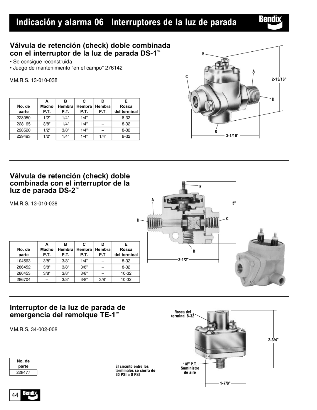 BENDIX BW1115 Indicación y alarma 06 Interruptores de la luz de parada, El circuito entre los, Terminales se cierra de 