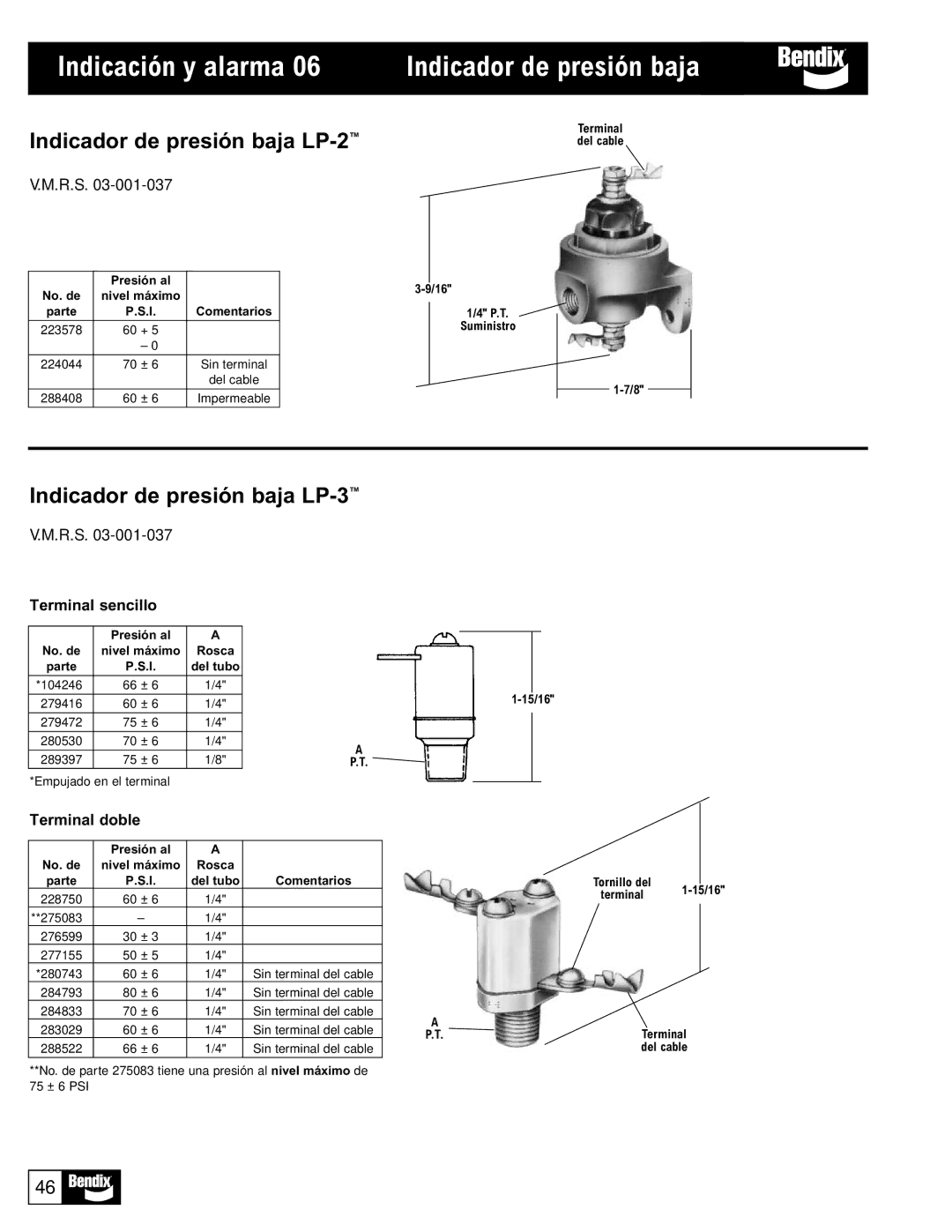 BENDIX BW1115 manual Indicación y alarma 06 Indicador de presión baja, Indicador de presión baja LP-2, Terminal sencillo 