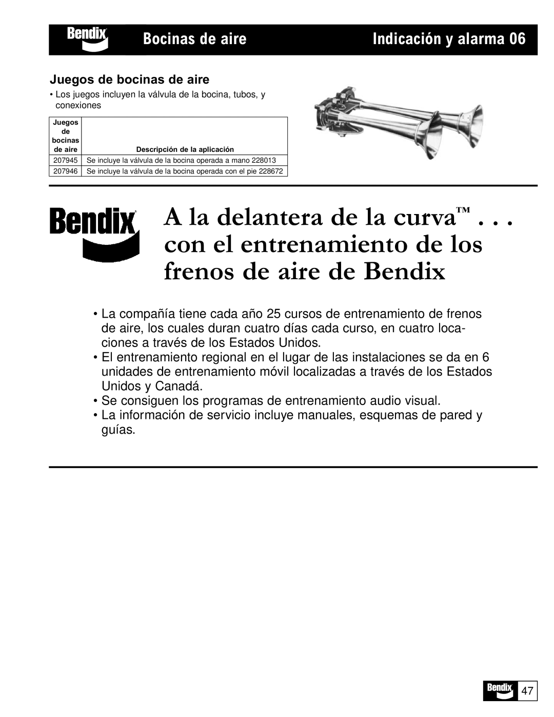 BENDIX BW1115 manual Bocinas de aire, Juegos de bocinas de aire 