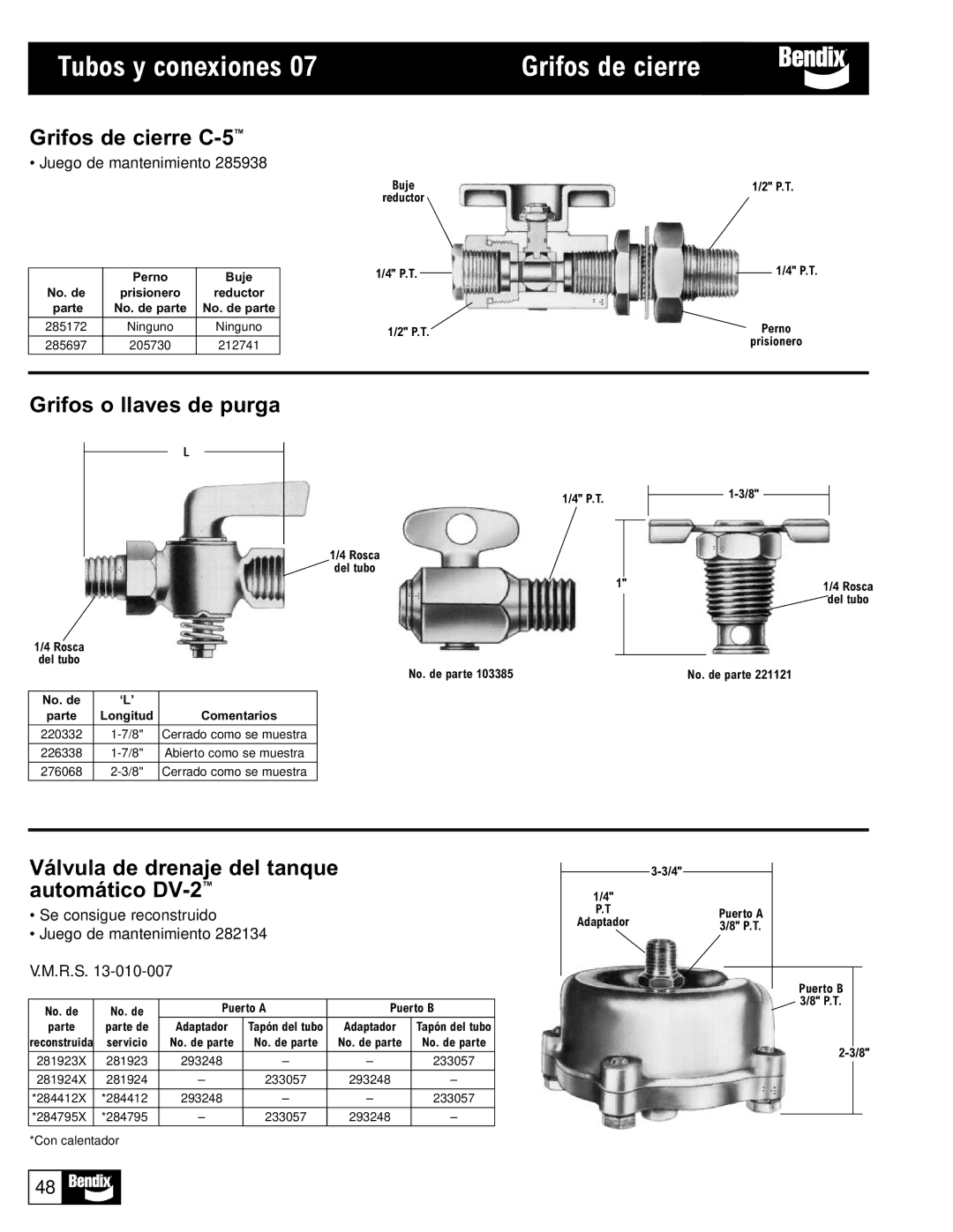 BENDIX BW1115 manual Tubos y conexiones Grifos de cierre, Grifos de cierre C-5, Grifos o llaves de purga 