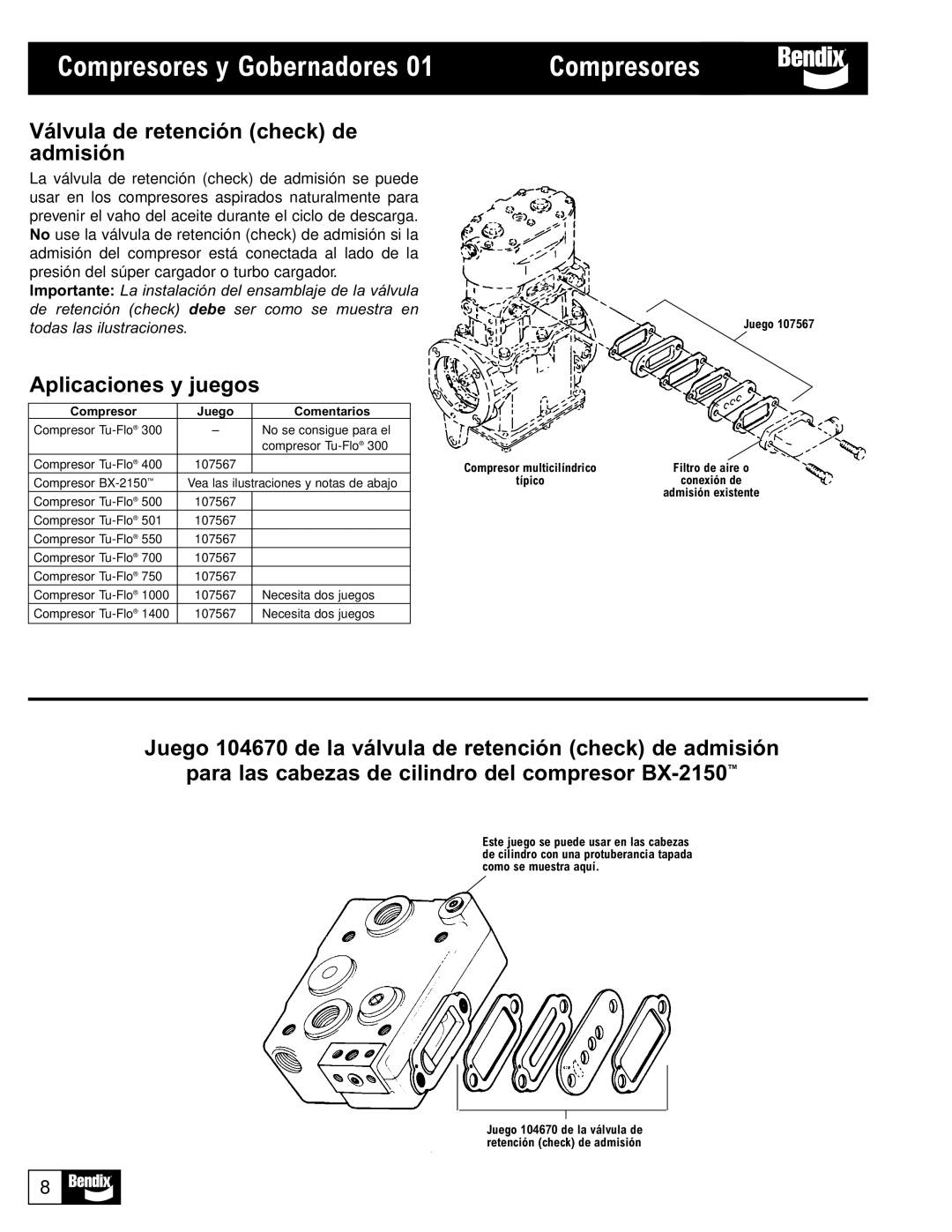 BENDIX BW1115 manual Válvula de retención check de admisión, Aplicaciones y juegos, Compresor Juego Comentarios 