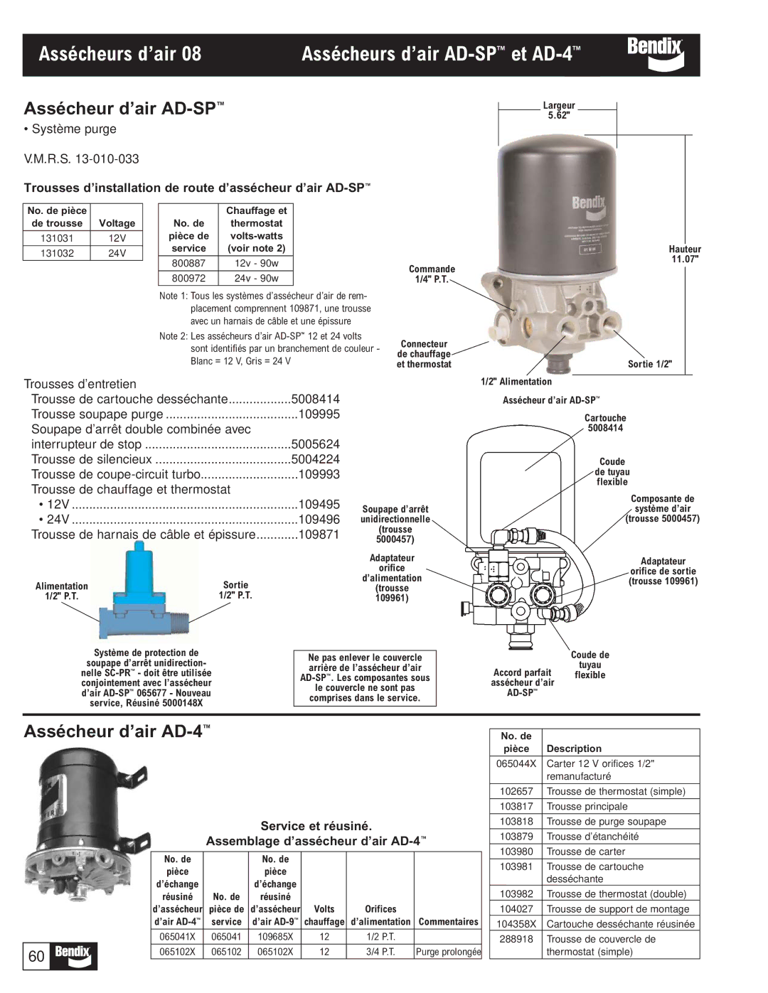 BENDIX BW1116 manual Assécheur d’air AD-SP, Assécheur d’air AD-4 