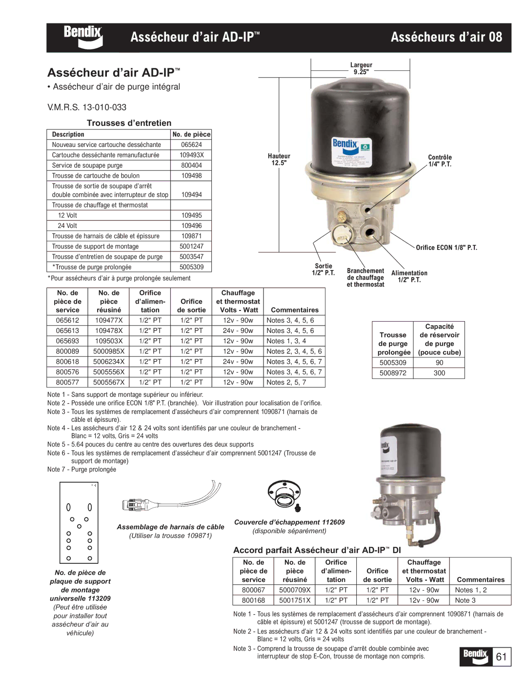 BENDIX BW1116 manual Assécheur d’air AD-IP, Assécheur d’air de purge intégral V.M.R.S, Trousses d’entretien 