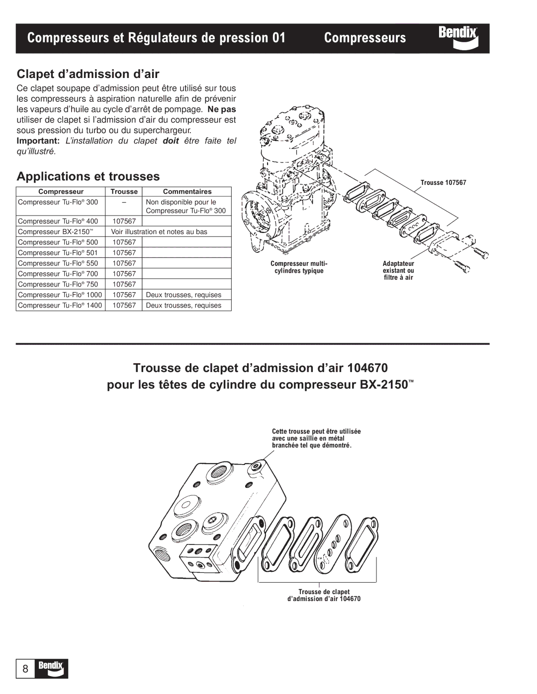 BENDIX BW1116 manual Compresseurs, Clapet d’admission d’air, Applications et trousses, Compresseur Trousse Commentaires 