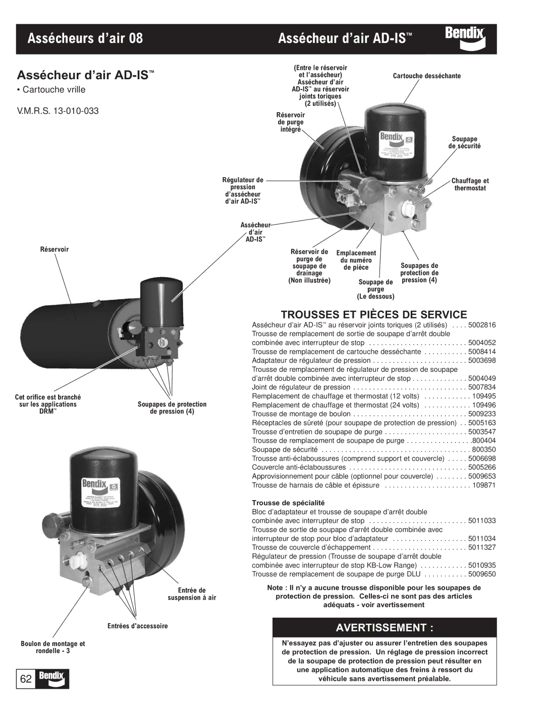 BENDIX BW1116 manual Assécheur d’air AD-IS, Cartouche vrille V.M.R.S, Cartouche desséchante, Trousse de spécialité 