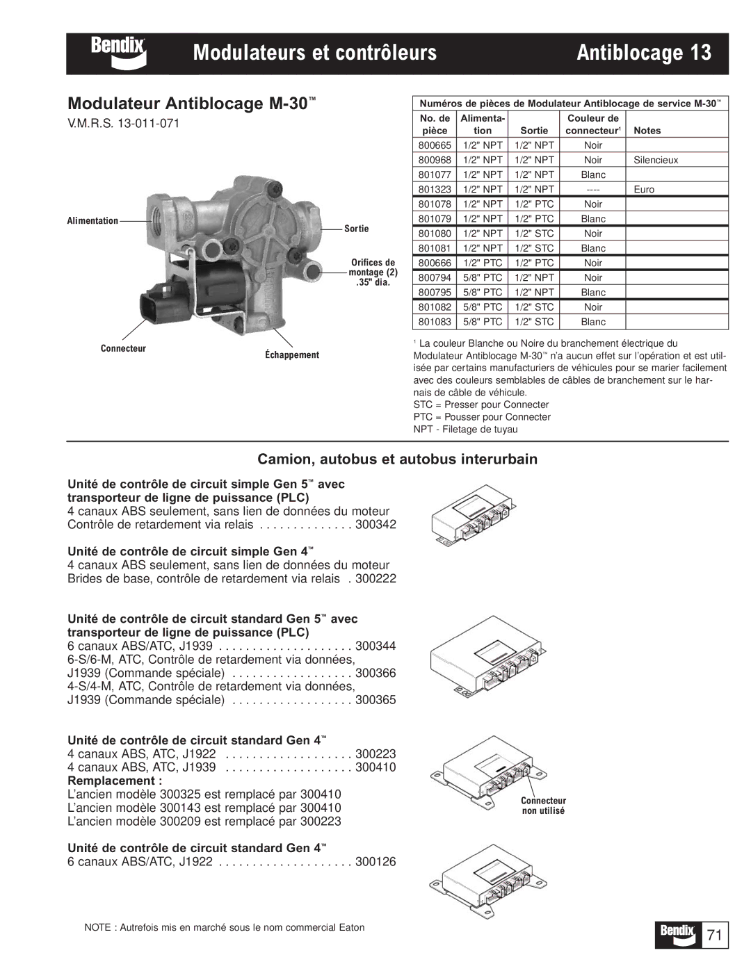 BENDIX BW1116 manual Modulateur Antiblocage M-30, Unité de contrôle de circuit simple Gen, Remplacement 