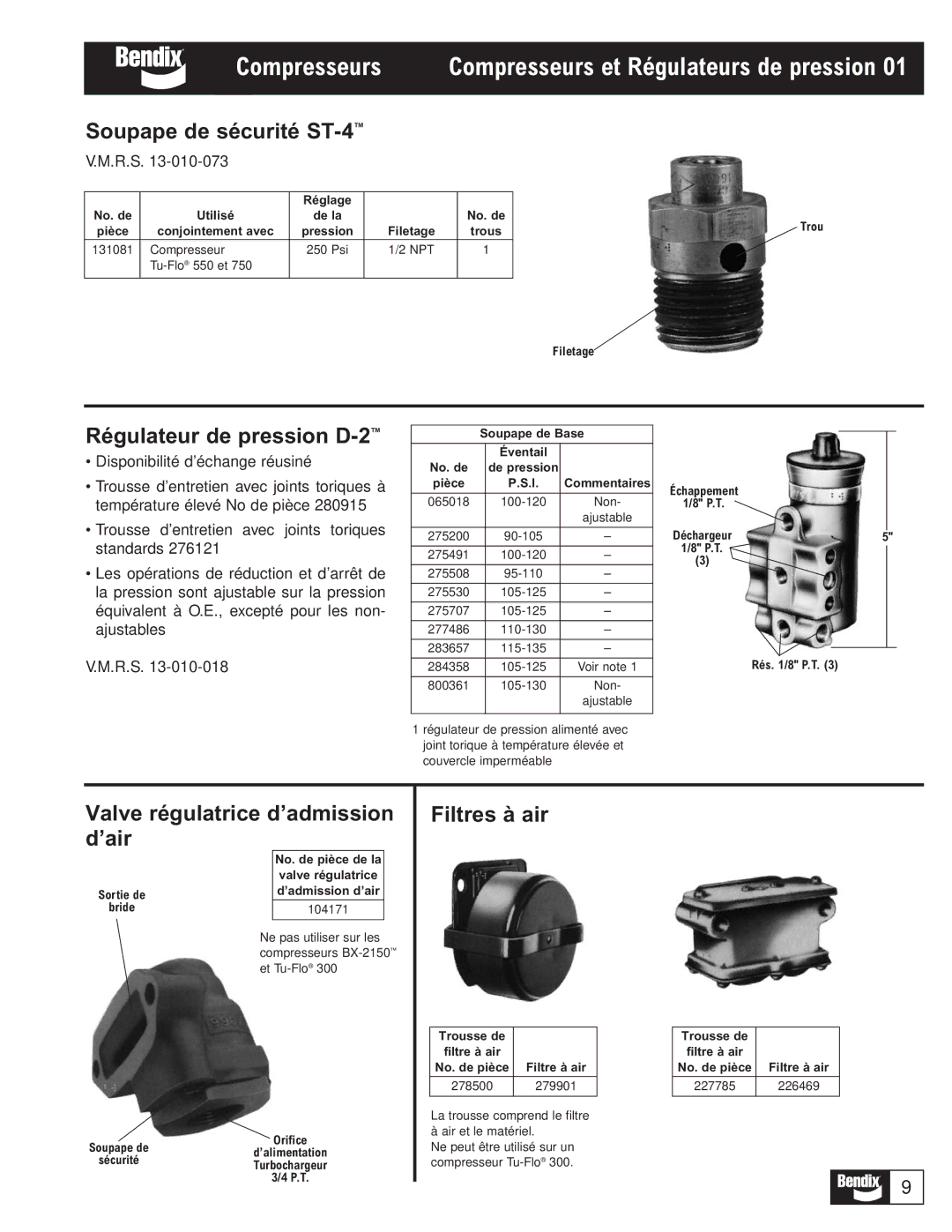 BENDIX BW1116 Soupape de sécurité ST-4, Régulateur de pression D-2, Valve régulatrice d’admission d’air, Filtres à air 