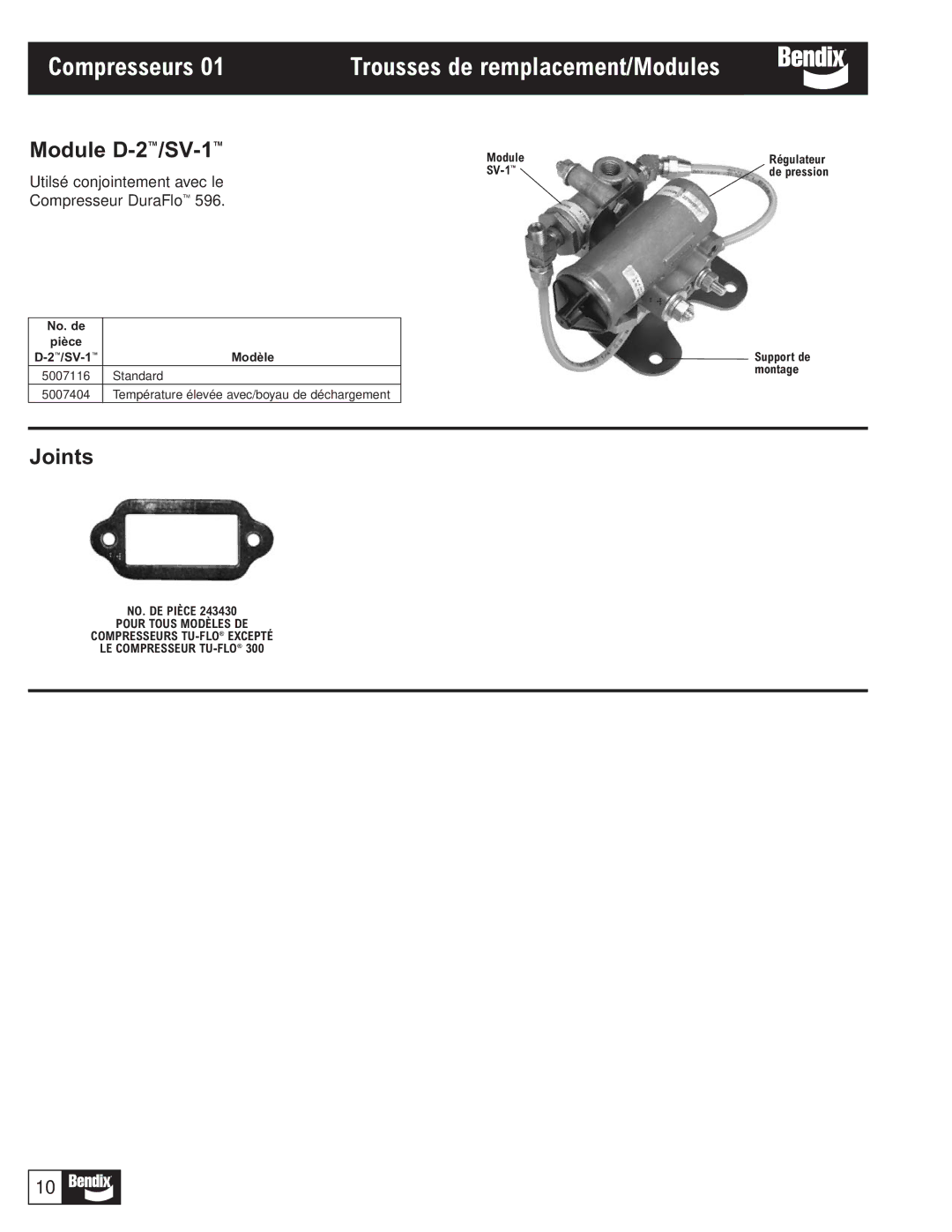 BENDIX BW1116 manual Compresseurs Trousses de remplacement/Modules, Module D-2/SV-1, Joints 