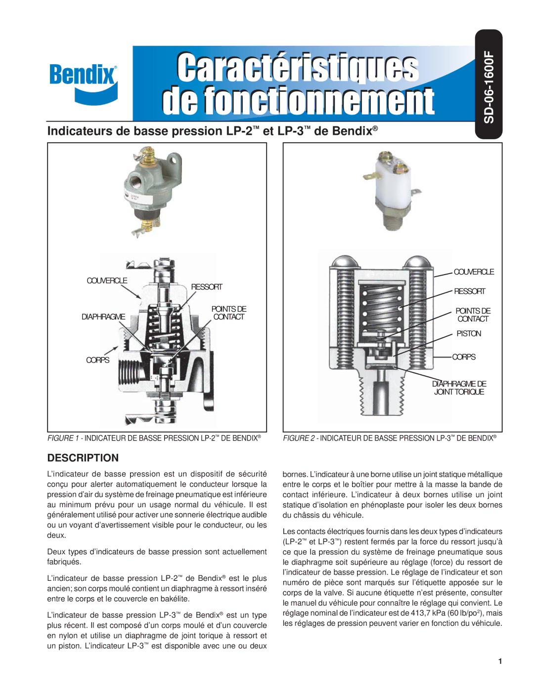 BENDIX BW1447F manual Caractéristiques De fonctionnement 