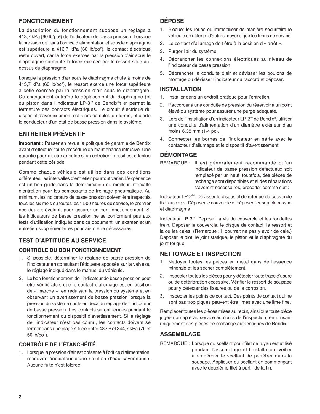 BENDIX BW1447F manual Fonctionnement, Entretien Préventif, Test D’APTITUDE AU Service, Dépose, Installation, Démontage 