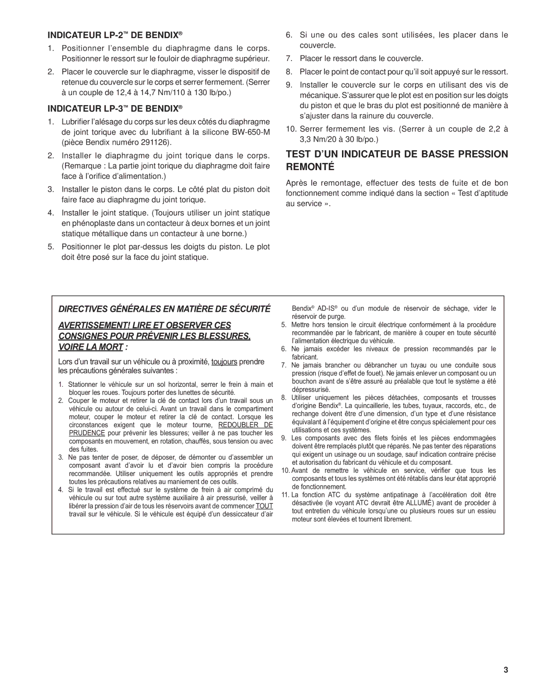 BENDIX BW1447F manual Test D’UN Indicateur DE Basse Pression Remonté, Indicateur LP-2DE Bendix, Indicateur LP-3DE Bendix 