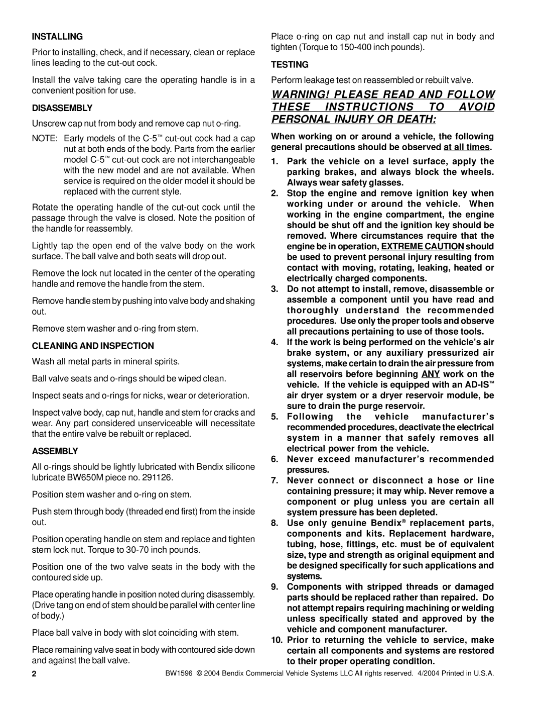 BENDIX BW1596 manual Installing, Disassembly, Cleaning and Inspection, Assembly, Testing 