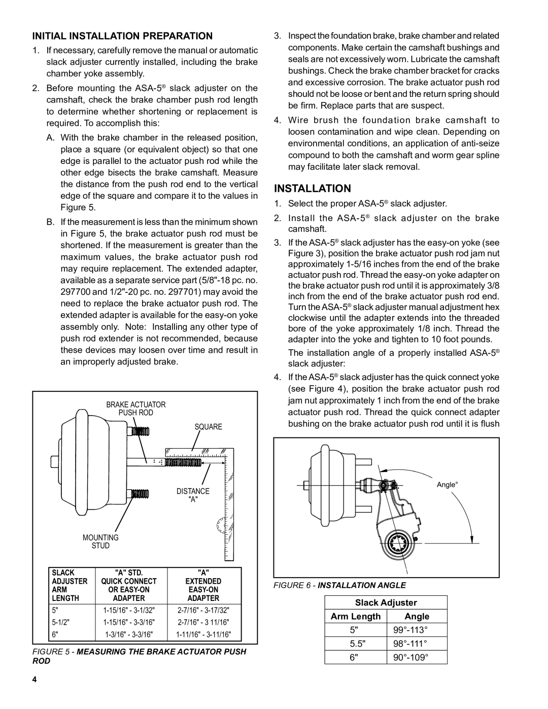 BENDIX BW1602 manual Initial Installation Preparation, Slack Adjuster Arm Length Angle 