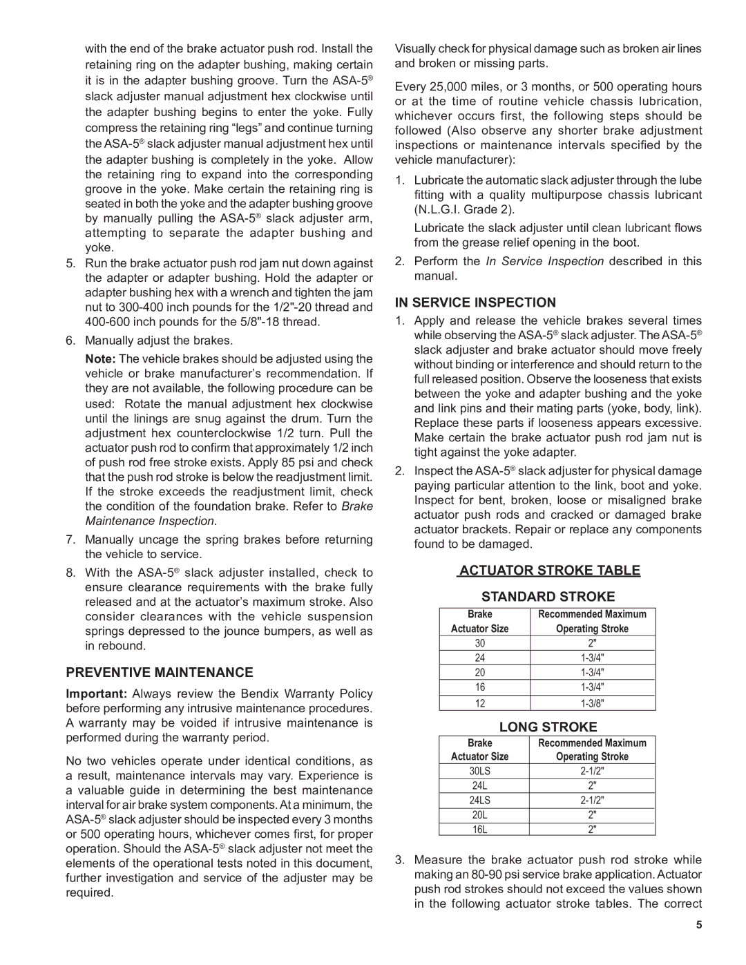 BENDIX BW1602 manual Preventive Maintenance, Service Inspection, Actuator Stroke Table Standard Stroke, Long Stroke 