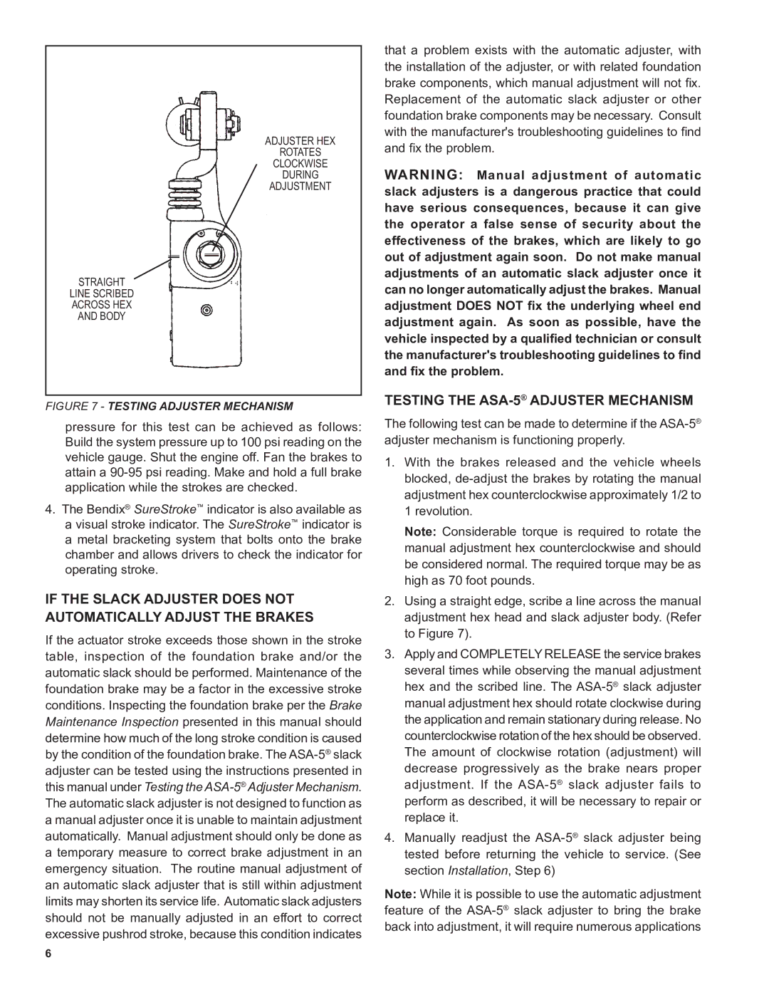 BENDIX BW1602 This manual under Testing the ASA‑5 Adjuster Mechanism 