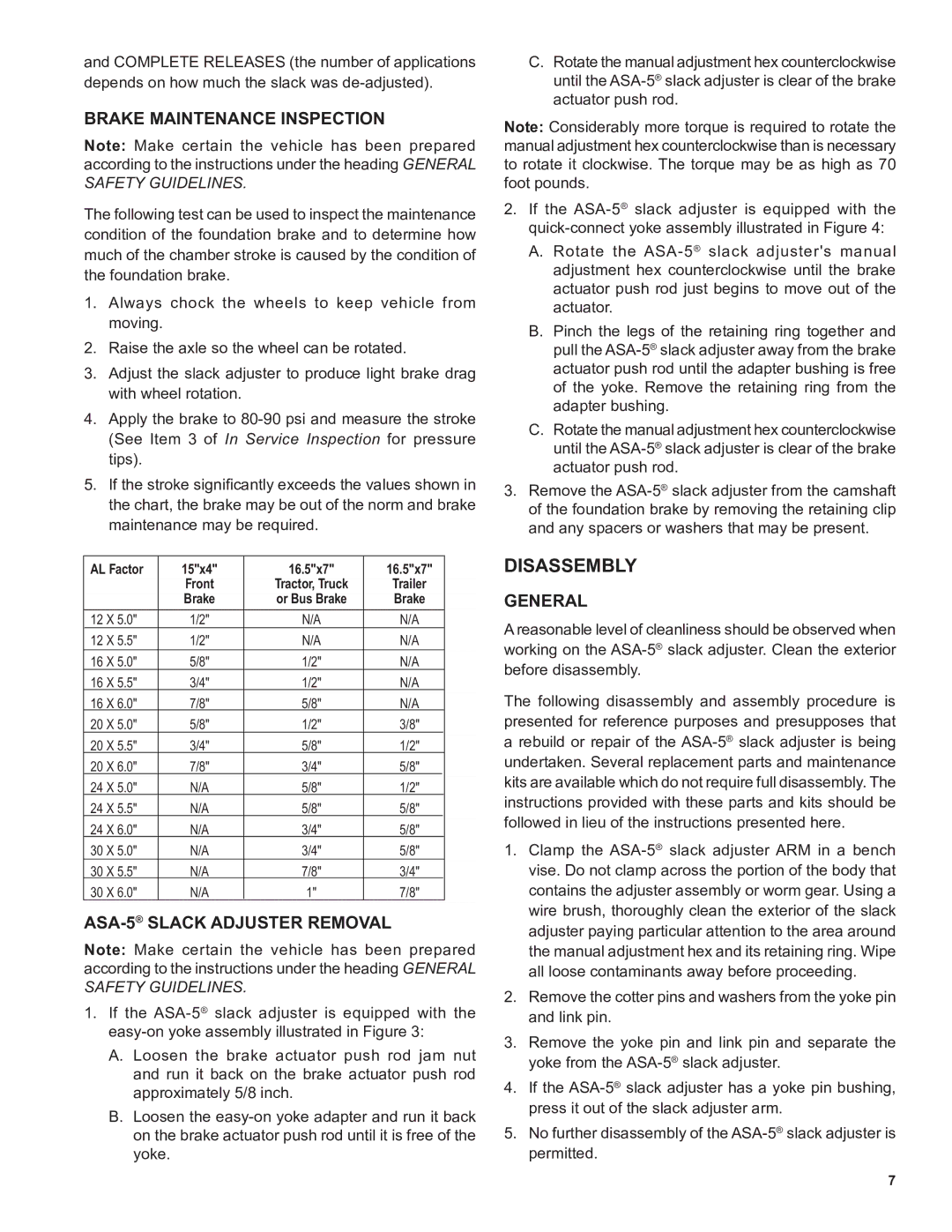 BENDIX BW1602 manual Disassembly, Brake Maintenance Inspection, ASA‑5 Slack Adjuster Removal, General 