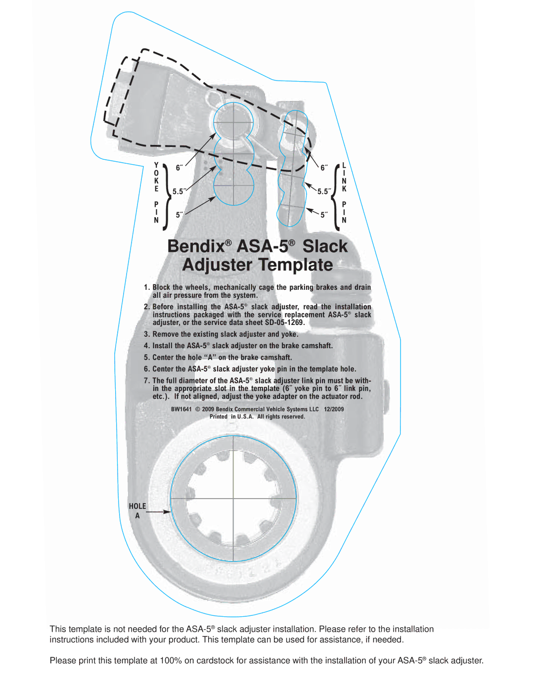 BENDIX BW1641 manual Bendix ASA-5Slack Adjuster Template 