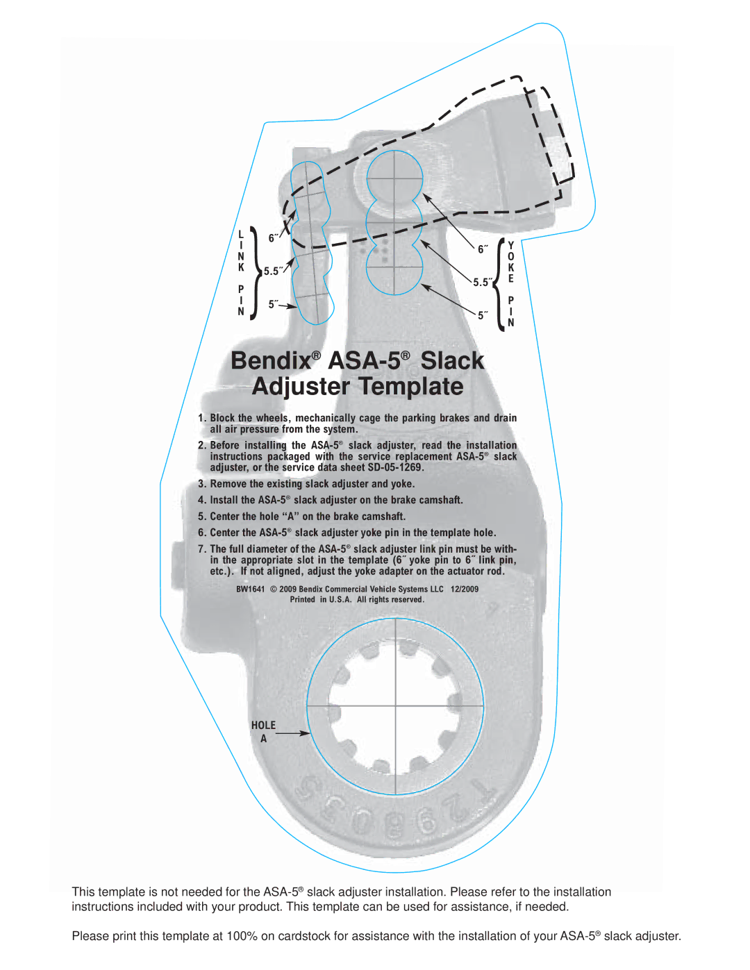 BENDIX BW1641 manual Bendix ASA-5Slack Adjuster Template 