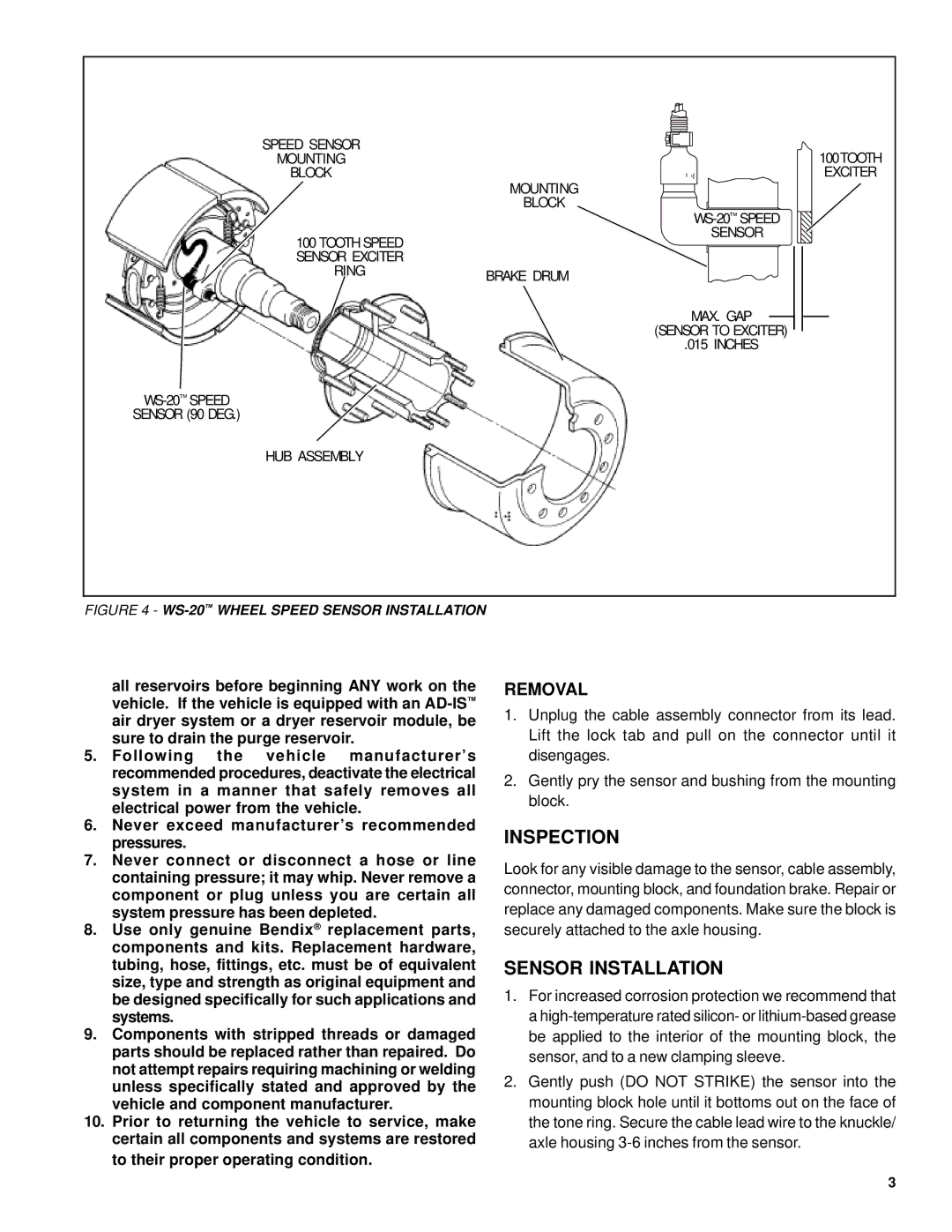 BENDIX BW1662 manual Inspection, Sensor Installation, Removal 