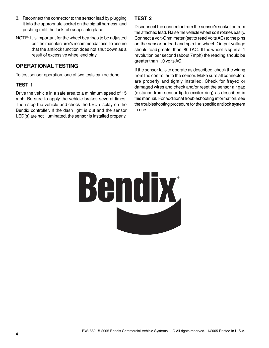 BENDIX BW1662 manual Operational Testing 