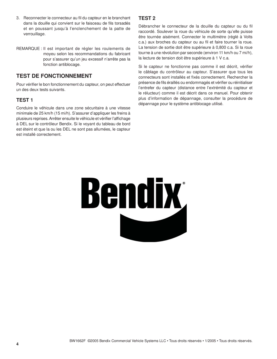 BENDIX BW1662F manual Test DE Fonctionnement 