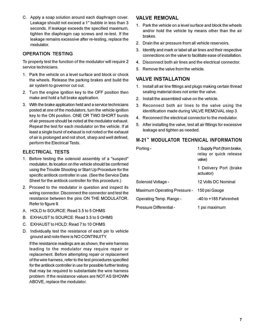 BENDIX BW1664 Valve Removal, Valve Installation, 21MODULATOR Technical Information, Operation Testing, Electrical Tests 