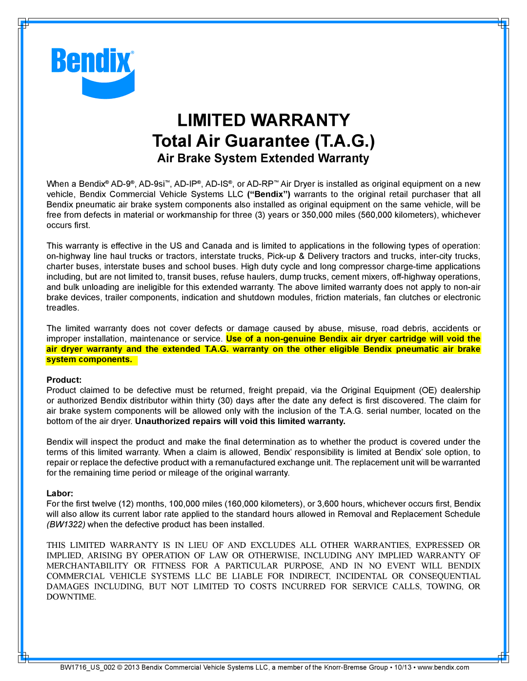 BENDIX BW1716 manual Limited Warranty, Total Air Guarantee T.A.G, Air Brake System Extended Warranty, Product, Labor 