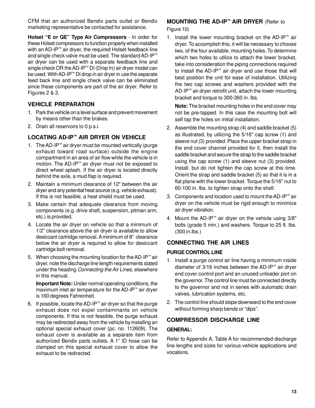 BENDIX BW1811 Vehicle Preparation, Locating AD-IPAIR Dryer on Vehicle, Connecting the AIR Lines, Compressor Discharge Line 