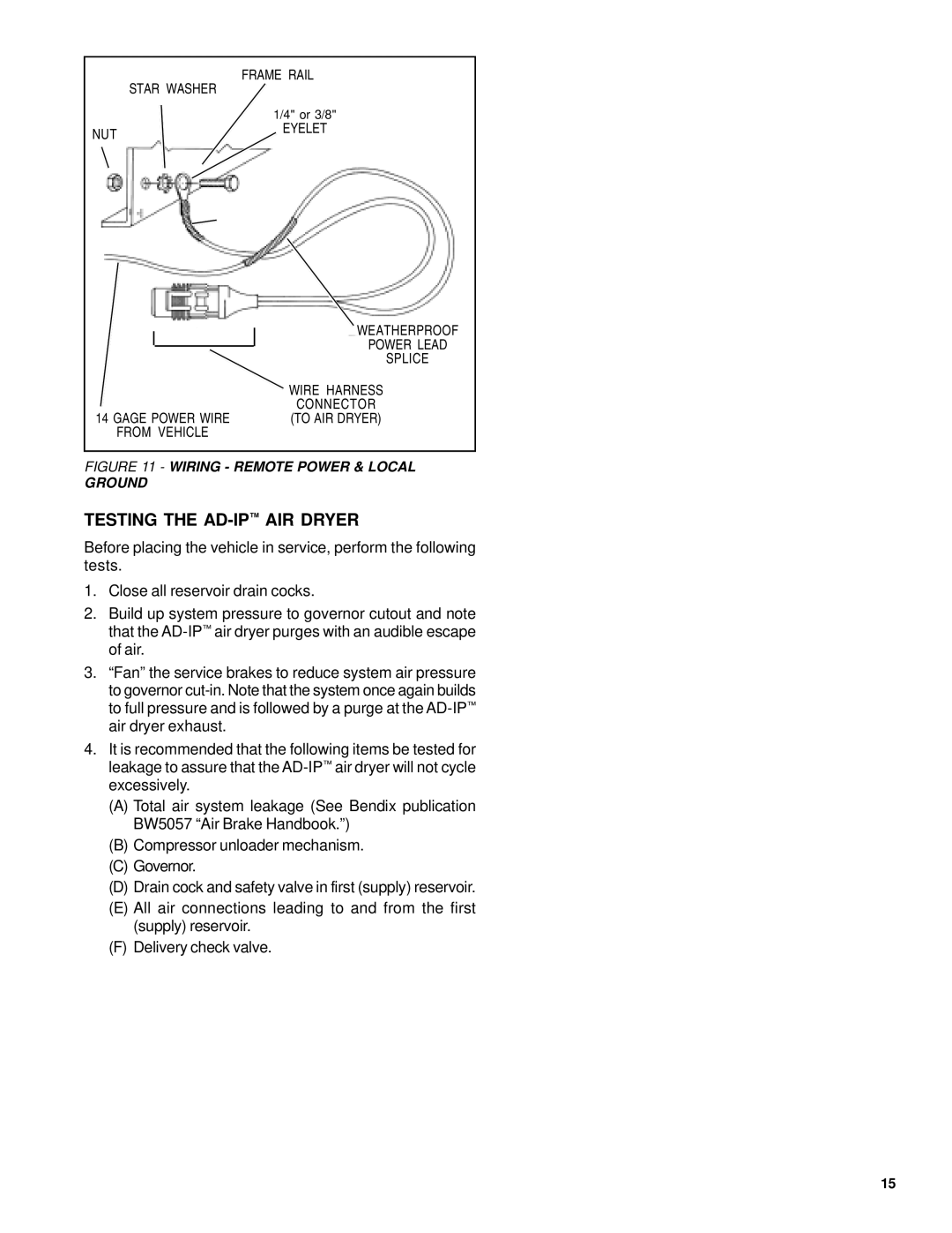 BENDIX BW1811 manual Testing the AD-IPAIR Dryer, Wiring Remote Power & Local Ground 