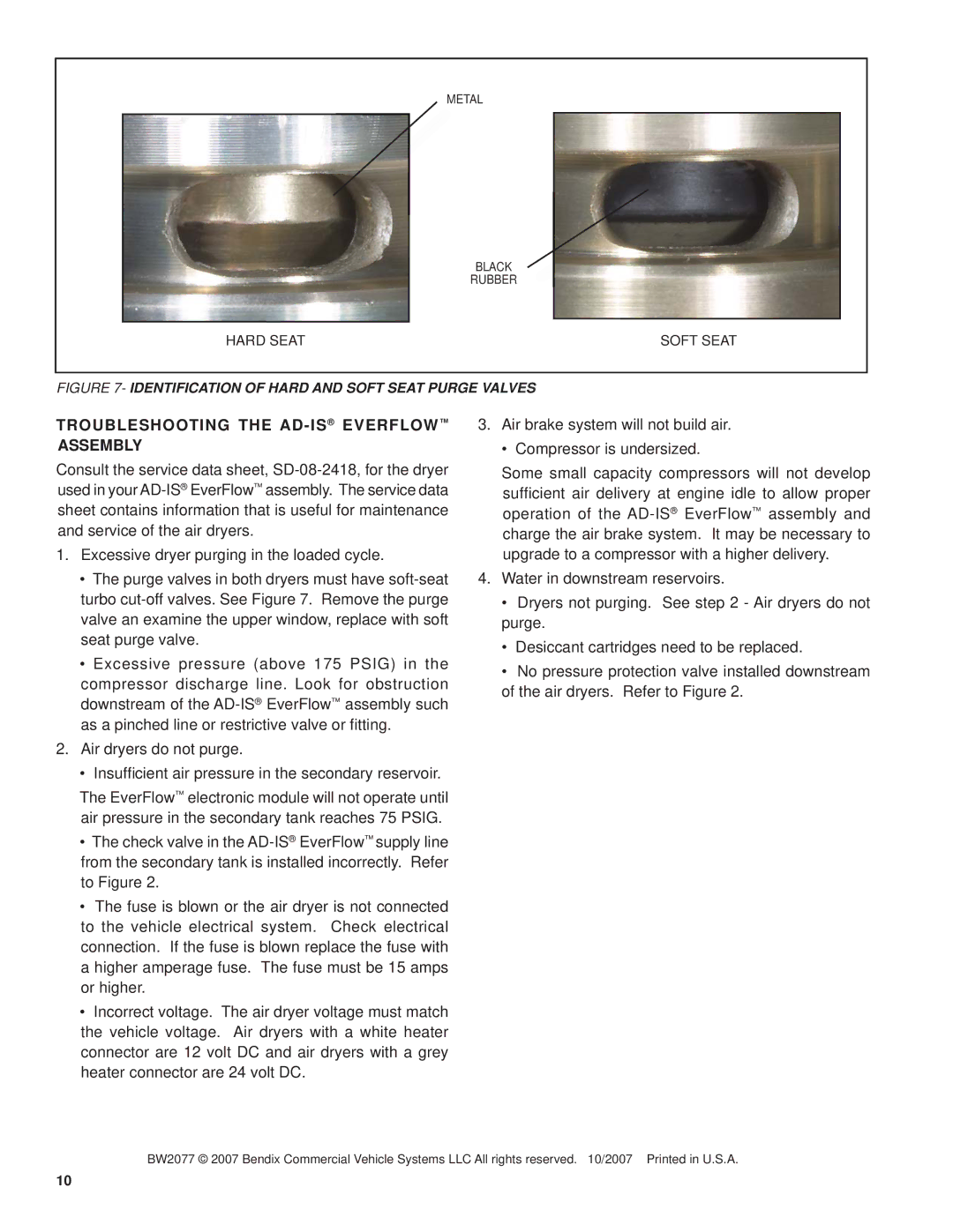 BENDIX BW2077 manual Hard Seat, Troubleshooting the AD-ISEVERFLOW Assembly 